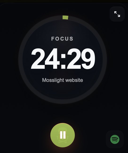 BareKit Focus active timer view with Spotify shortcut