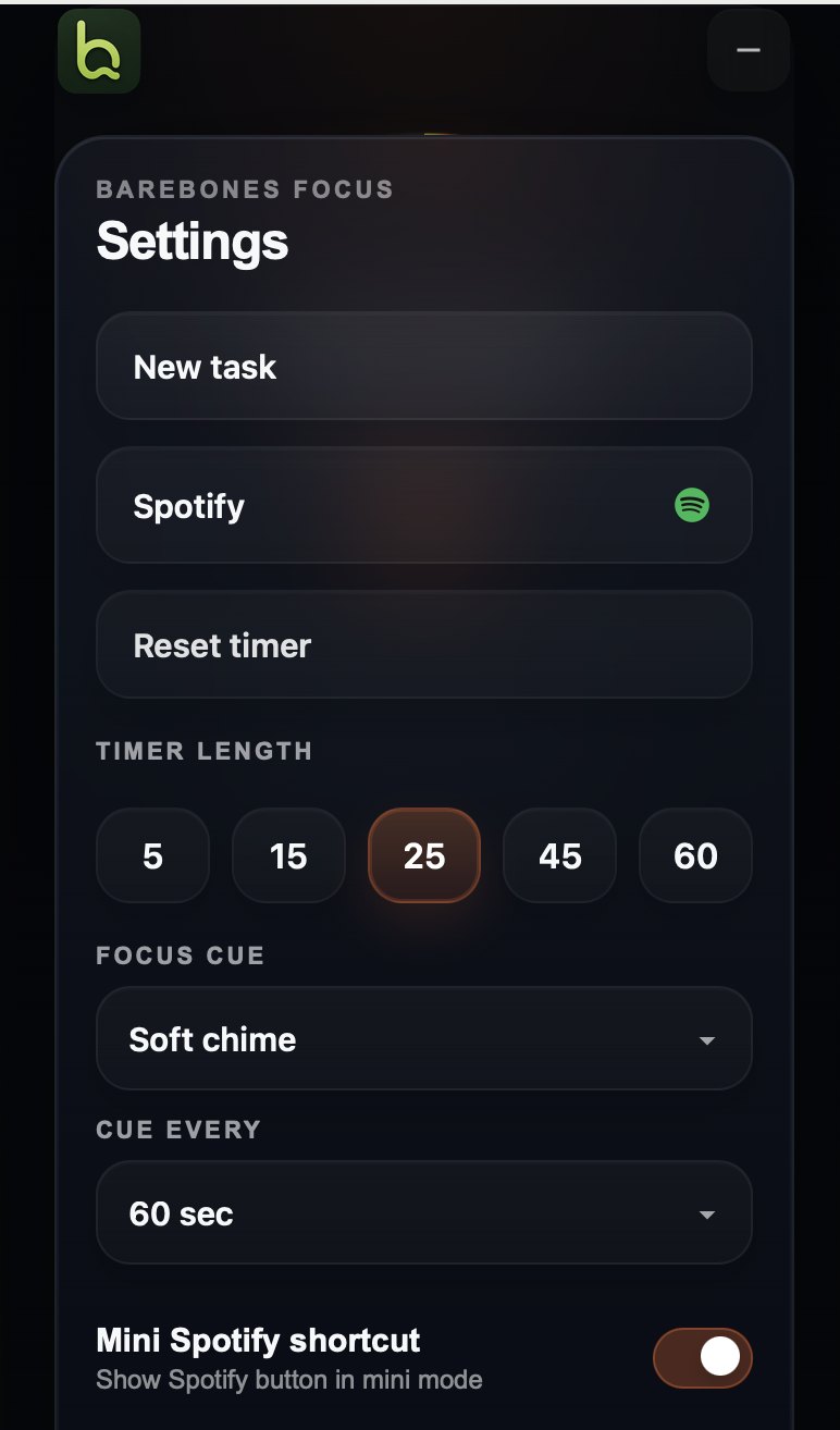 BareKit Focus settings screen with timer length and Spotify options