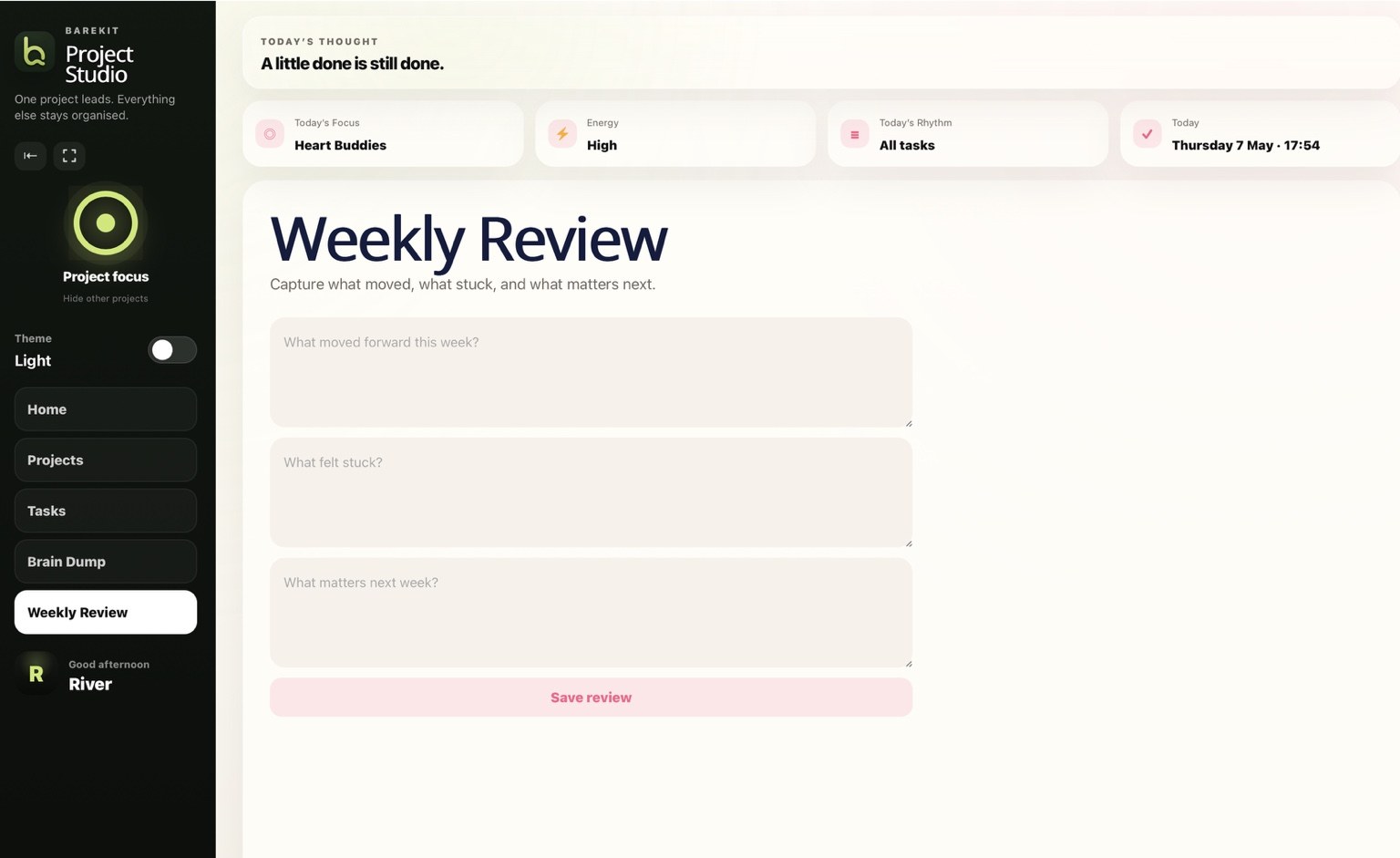 Project Studio weekly review screen